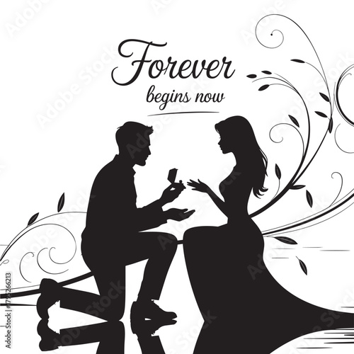 Man proposes to woman with engagement ring as their forever begins, celebrating love and commitment in a romantic silhouette scene.