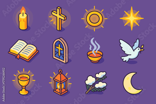 Sacred Christmas Icons. Orthodox Christmas Sacred Light modern flat icon set: glowing candle, golden cross, radiant halo, star of Bethlehem, open bible, church window, incense