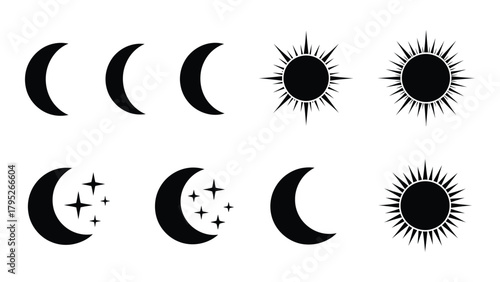 Sun and moon silhouettes set isolated on white background, Vector