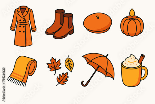 Autumn Fashion Icons. Autumn Glow Accents modern flat icon set: trench coat, leather boots, beret, pumpkin candle, scarf, falling leaves, umbrella, warm drink.