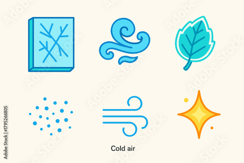 Winter Icon Set. Winter Etchings modern flat icon set: glass pane, frost swirl, frozen leaf, snow dust, cold air, glimmering spark.