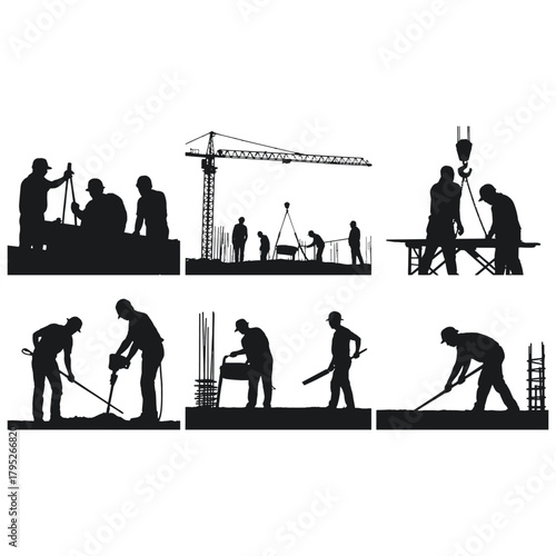 Silhouettes of construction workers operating heavy machinery and building structures crane