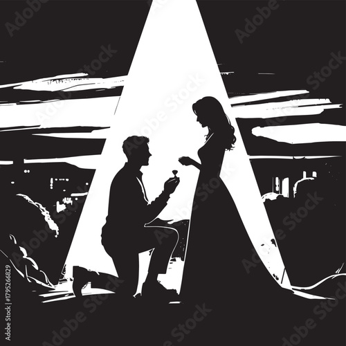 Romantic proposal under dramatic spotlight captures a couple's momentous commitment, creating an unforgettable love story.