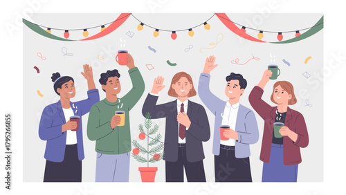 Joyful toast: Group celebrates with drinks in a festive, light-filled party,raising drinks in celebration of success and camaraderie.