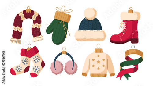 Winter Accessories: An array of cozy winter accessories, including a scarf, gloves, hat, boot, sock, earmuff, sweater and ribbon, designed to keep one warm and stylish during the cold season.