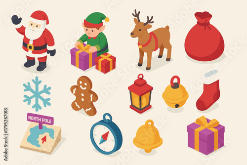 Santa & Helpers Icons. Santa Claus & Helpers modern flat icon set: Santa waving, elf wrapping gifts, reindeer with harness, toy bag, snowflake, gingerbread cookie, festive lantern,