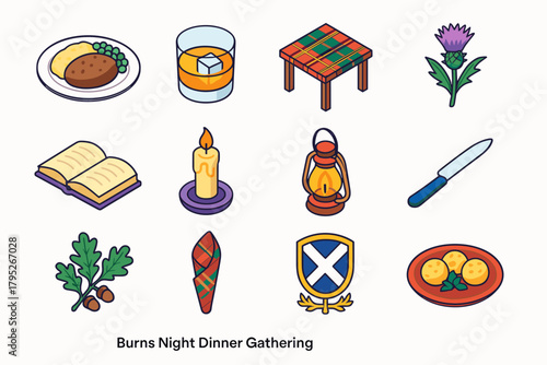 Burns Night Icons. Burns Night Dinner Gathering modern flat icon set: haggis meal, whisky tumbler, tartan table, thistle bloom, open book, glowing candle, warm lantern, silver