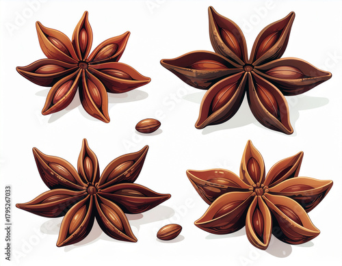 A cartoon of several dried star anise pods on a white background. Ai