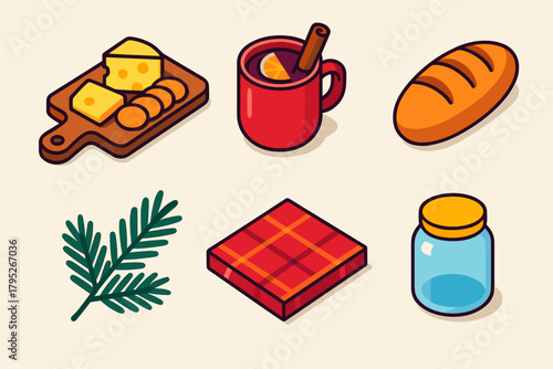 Winter Gathering Icons. Winter Gathering modern flat icon set: cheese board, mulled wine mug, bread loaf, pine branch, plaid napkin, glass jar.