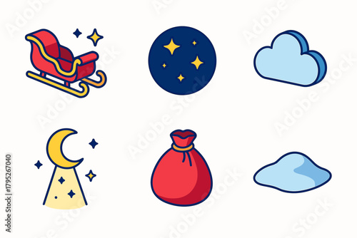 Festive Icon Set. Christmas Midnight Journey modern flat icon set: sleigh in flight, starry sky, cloud, moonbeam, gift bag, snow drift.
