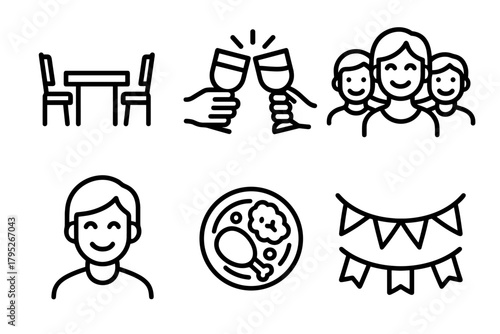Joyful Dinner Icons. Joyful Gathering outline icon set: dinner table, clinking glasses, smiling faces, plate of food, garland, chair set.