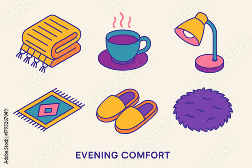 Cozy Evening Icons. Evening Comfort modern flat icon set: knit throw, tea cup, reading lamp, rug, slippers, fuzzy cushion.