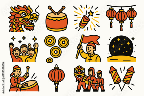 Lunar Street Festivities. Lunar New Year Street Performance outline icon set: colorful dragon, musical drums, firecracker burst, lantern string, cheering audience, golden coins,