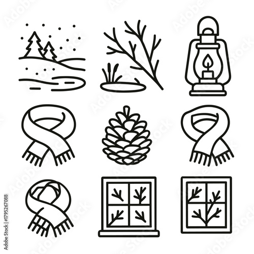 Winter Icons Collection. Tranquil Winter Mood outline icon set: snowy field, frozen pond, bare branches, lantern light, soft sky, scarf, pinecone, window frost.