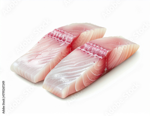 Two raw, boneless, skinless salmon fillets on a white background. Ai