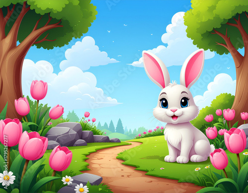 White bunny sitting beside a forest path with pink tulips. Ai