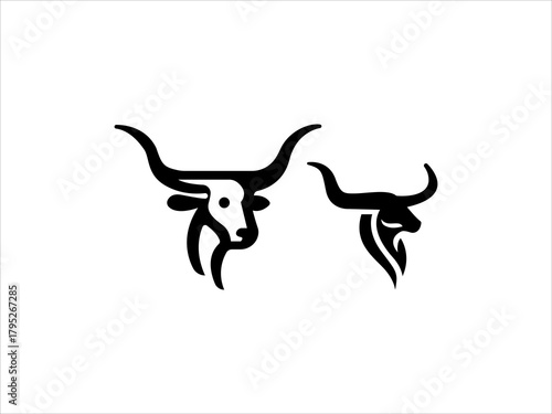 Bull head vector minimalist illustration features two abstract black animal designs on a crisp white background