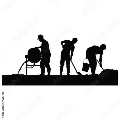 Three construction workers in silhouette pouring cement with a mixer and shoveling dirt cement mixer