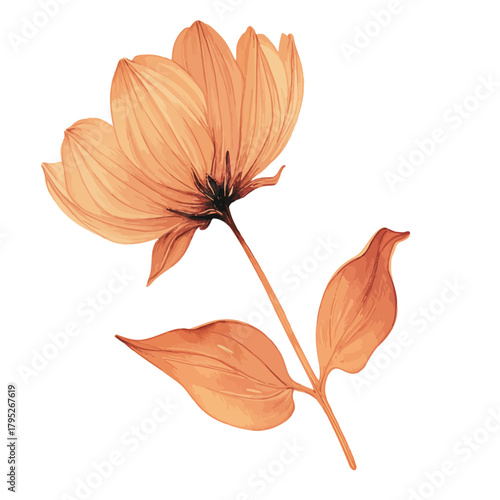 Delicate watercolor painting of a single blooming orange flower with green leaves on a white background