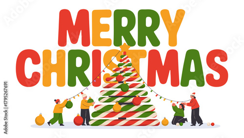 Festive Season's Greetings: A vibrant Christmas scene, adorned with colorful decorations and people working to set up christmas tree, capturing the joyful spirit of the holidays.