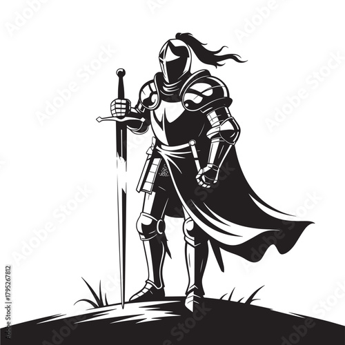Powerful medieval knight stands stoically holding a sword ready for battle, embodying courage and strength on a grassy hill