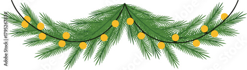 Christmas, garland, pine, branch, ornament, light, yellow, string, festive, decoration, holiday, celebration, green, draped, symmetrical, natural, realistic, seasonal, vector, design