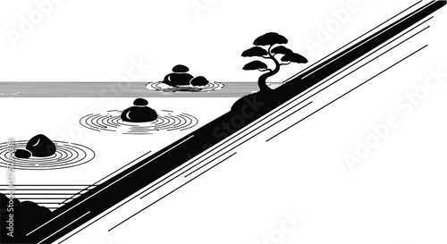 Serene black and white illustration of a minimalist Japanese zen garden with raked sand and bonsai tree.