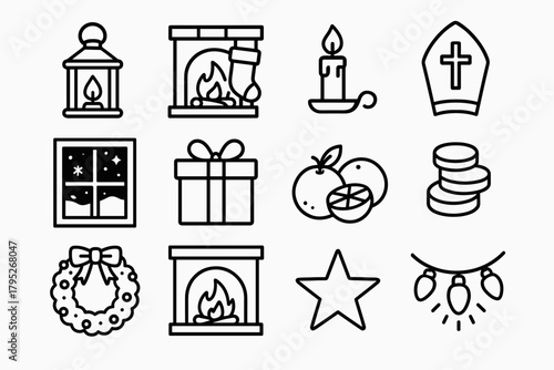 Cozy St. Nicholas Eve. St. Nicholas Eve outline icon set: lantern, stocking by fire, candle, bishop hat, gift box, oranges, golden coins, wreath, snow outside, cozy fire, starry