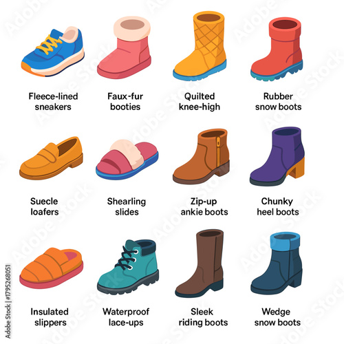 Winter Footwear Icons. Winter Stylish Footwear modern flat icon set: fleece-lined sneakers, faux-fur booties, quilted knee-high boots, rubber snow boots, suede loafers, shearling