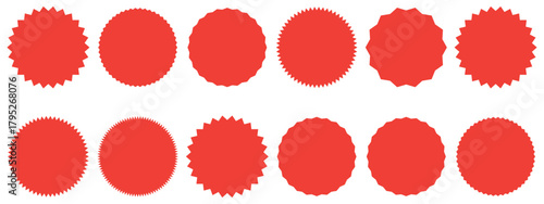 Sale sticker, price tag, starburst icon set, Set of red starburst. Price sticker, sale sticker, price tag, starburst, quality mark, retro stars, sale. Circle sticker set. Wavy edge promo red badges