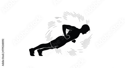 Silhouette of a determined man performing a push-up with dynamic motion lines indicating exertion.