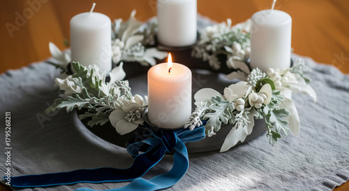 Minimalist Blue and White Advent Wreath with Silver Accents