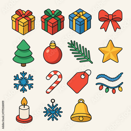 Festive Gift Icon Set. Christmas Gift Boxes Beneath modern flat icon set: wrapped gifts, ribbon bow, Christmas tree, ornament ball, pine branch, golden star, snowflake, candy cane,