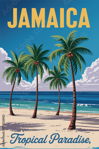 Travel poster jamaica vintage style artwork featuring tropical paradise resort landscape