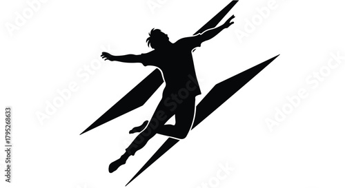 Dynamic silhouette of a person leaping with arms outstretched, symbolizing freedom and energy against a striking background.