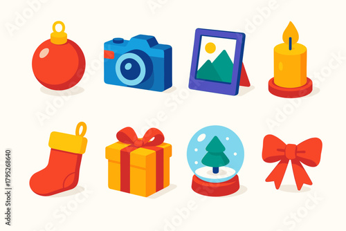 Festive Icons Collection. Festive Keepsakes modern flat icon set: ornament, camera, photo frame, glowing candle, Christmas stocking, gift box, snow globe, ribbon.