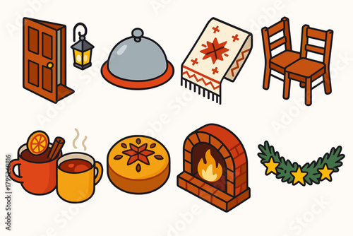 Orthodox Christmas Icons. Orthodox Christmas Warm Hospitality modern flat icon set: open door with lantern, serving tray, embroidered tablecloth, wooden chairs, warm drinks,