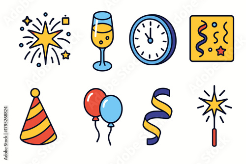 Festive New Year Icons. New Year Celebration modern flat icon set: fireworks, champagne glass, clock striking midnight, confetti, party hat, balloons, streamer, sparkler.