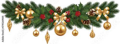 Christmas, garland, pine, branch, holly, berry, ornament, gold, ribbon, bow, festive, decoration, holiday, cone, leaf, green, red, celebration, realistic, vector
