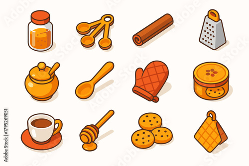 Modern Kitchen Icons. Ginger Spice Kitchen modern flat icon set: spice jar, measuring spoons, cinnamon stick, nutmeg grater, sugar bowl, mixing spoon, oven mitt, cookie tin, teacup