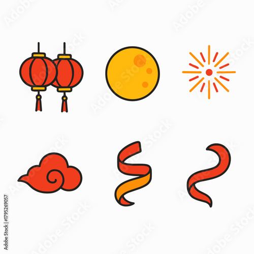 Lunar New Year Icons. Lunar New Year Celebration Lanterns modern flat icon set: red lantern pair, tassel ends, bright moon, fireworks burst, floating cloud, ribbon swirl.
