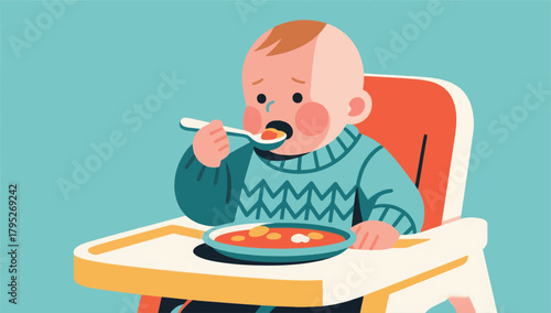 Illustration Of A Small Child Eating At A Children's Dining Table Vector Design Template