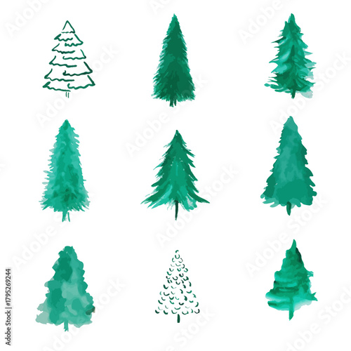 Collection of nine watercolor painted and hand drawn christmas trees in various shades of green on a white background