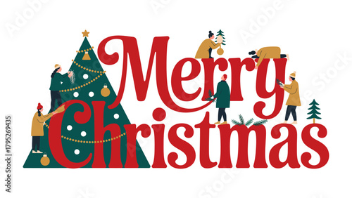 Merry Christmas Celebration: An illustrated festive scene captures the spirit of the holidays, with figures decorating a Christmas tree, creating a cheerful atmosphere.