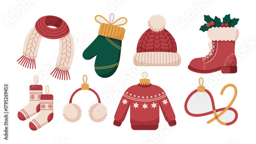 Cozy Winter Collection: An array of winter clothing items and ornaments, evoking warmth and festive charm, meticulously arranged to embody the essence of winter season.