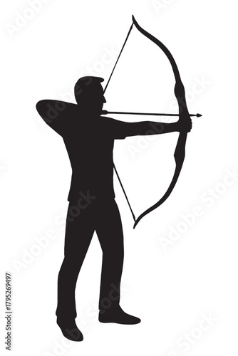 Determined archer silhouetted against white, drawing bow with focused intensity, symbolizing precision and skill in sport