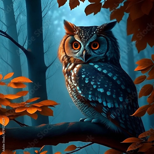 Majestic owl perched on branch surrounded by autumn foliage  