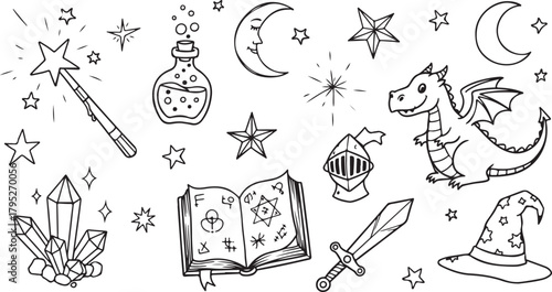 Hand-Drawn Fantasy Magic Doodles with Dragon, Spellbook, Wand, Crystals and Stars – Black and White Line Art Illustration