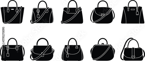 Handbag, silhouettes, ten, purse, icons, top-handle, bags, shoulder-strap, designs, crossbody, styles, clasp, details, structured, slouchy, tote, variations, fashion, vector, set