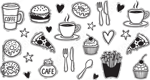 Hand-Drawn Food and Coffee Doodle Pattern – Cute Sketch Style Icons of Snacks, Desserts and Drinks